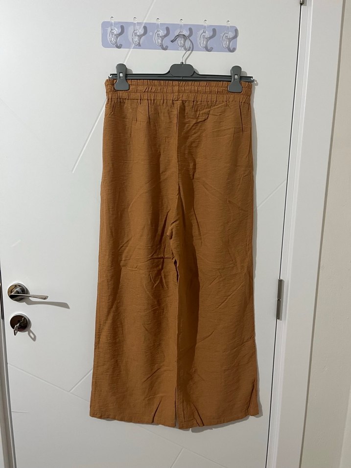 Kadın Kemerli Keten Bej Bol Pantolon - Görsel 3