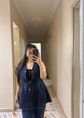 Düğmeli Lacivert Kolsuz Kadın Denim Ceket - Görsel 3