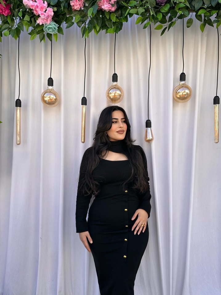 Siyah Desenli Uzun Kollu Uzun Elbise - Görsel 3