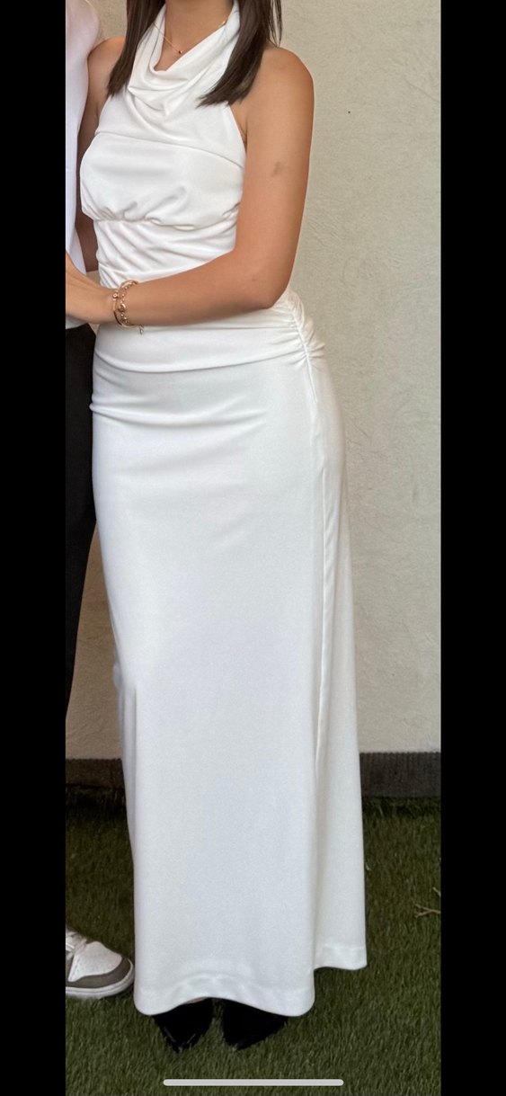 Beyaz Uzun Keten Drapeli Elbise - Görsel 2