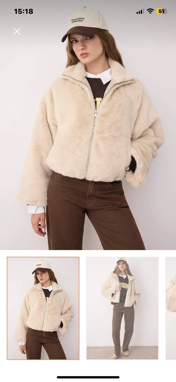 Bej Peluş Kadın Ceket Yüksek Yakalı - Görsel 3