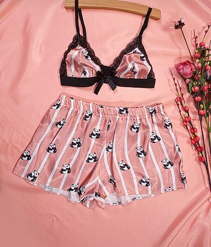 Panda Desen Saten Şort Crop Takım, Gecelik
