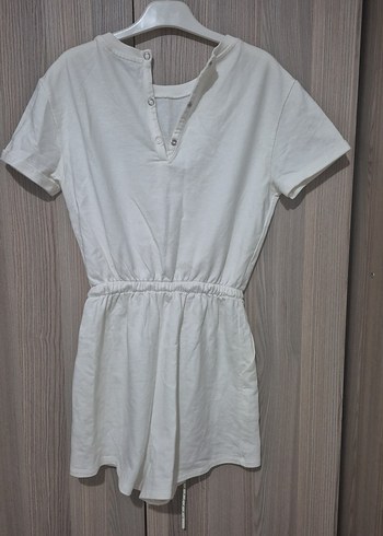 Beyaz Pamuklu Kısa Tulum, Kemerli - Görsel 2