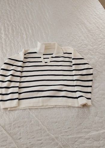 Beyaz Siyah Çizgili Kadın Triko Kazak giyilmedi - Görsel 2