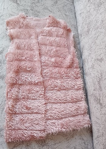 Pembe Uzun Tüylü Kadın Yelek astarı yok - Görsel 2