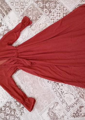 Bordo Bohem Uzun Keten Elbise - Görsel 2