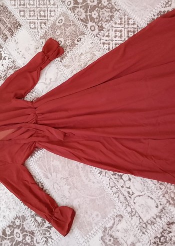 Bordo Bohem Uzun Keten Elbise - Görsel 3