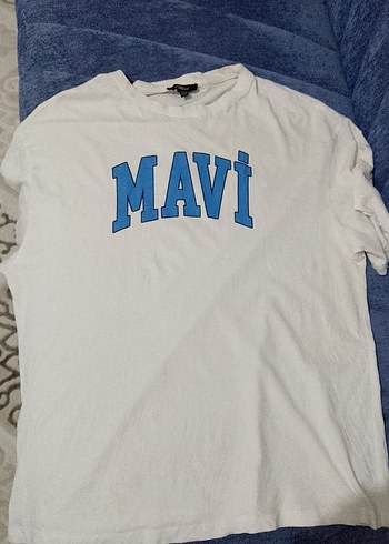 Mavi Baskılı Beyaz Pamuklu Tişört - Görsel 3