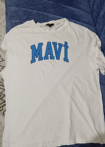 Mavi Baskılı Beyaz Pamuklu Tişört - Görsel 4