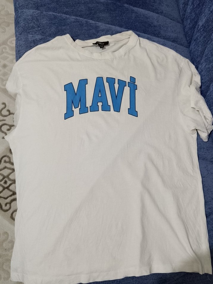 Mavi Baskılı Beyaz Pamuklu Tişört - Görsel 2