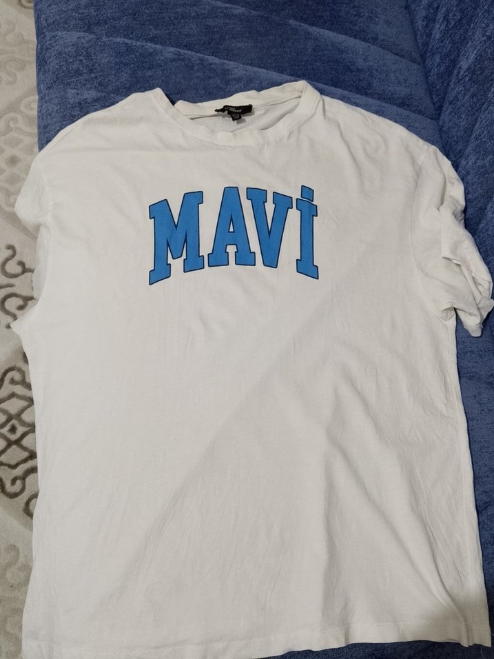 Mavi Baskılı Beyaz Pamuklu Tişört - Görsel 4