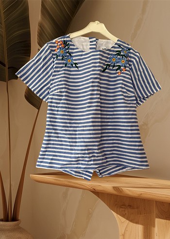 ADL Mavi Çizgili Nakışlı  Bluzu - Görsel 2