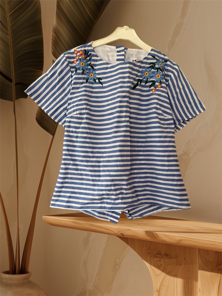 ADL Mavi Çizgili Nakışlı  Bluzu - Görsel 2