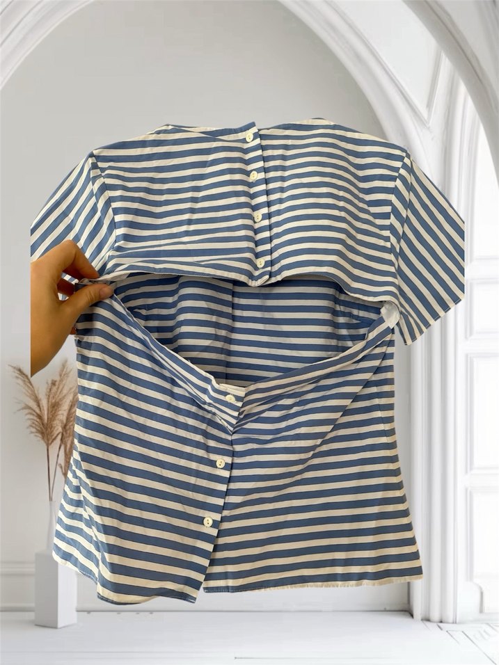 ADL Mavi Çizgili Nakışlı  Bluzu - Görsel 3