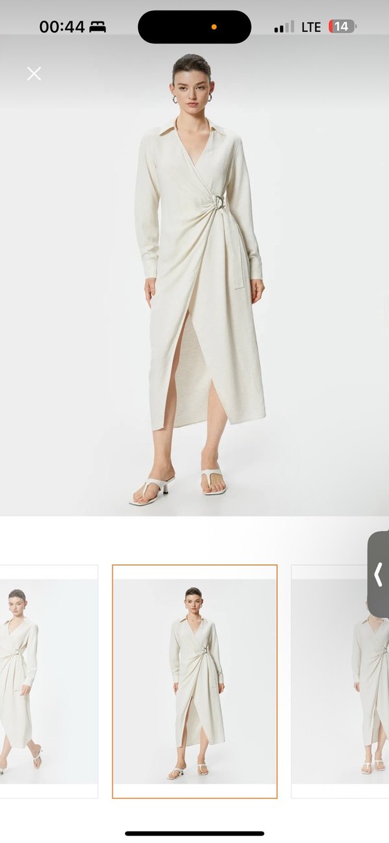 Bej V Yaka Kemerli Uzun Keten Elbise - Görsel 2