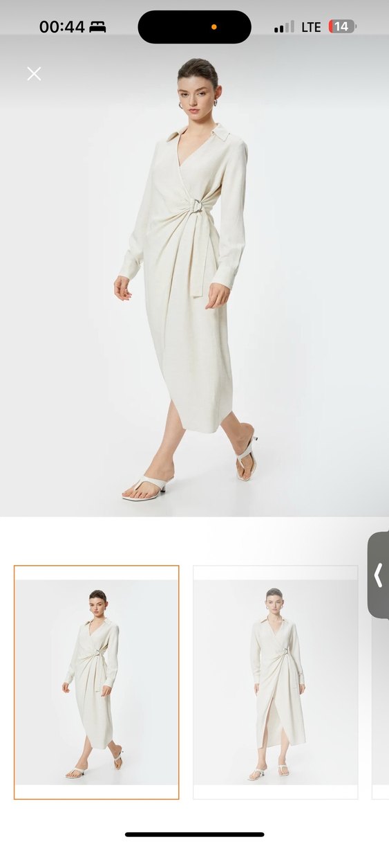 Bej V Yaka Kemerli Uzun Keten Elbise - Görsel 4