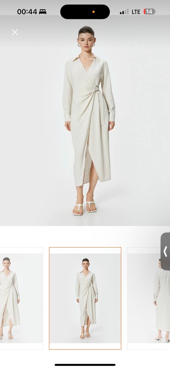 Bej V Yaka Kemerli Uzun Keten Elbise - Görsel 3