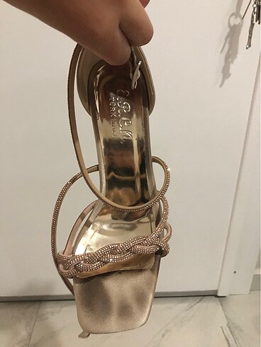 Taşlı Altın-Rose Topuklu Ayakkabı - Görsel 2