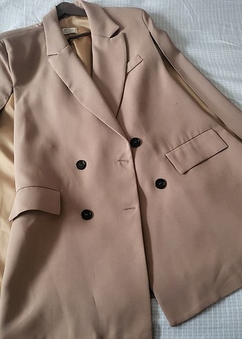 Bej Düğmeli Kadın Blazer Pelerin Ceket - Görsel 2