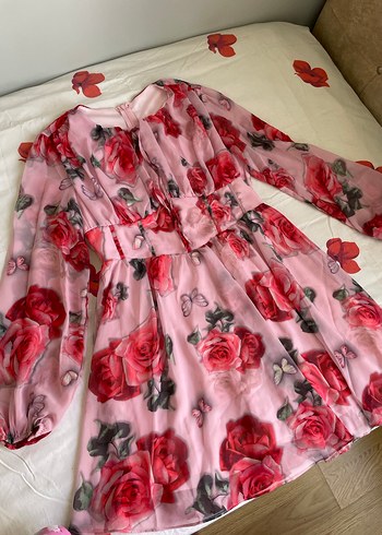 Pembe Çiçekli Midi Elbise, Fırfırlı, Uzun Kollu