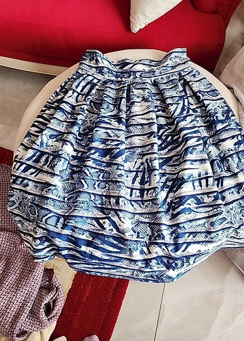 Bohem Gri-Mavi Piliseli Mini  etek - Görsel 3