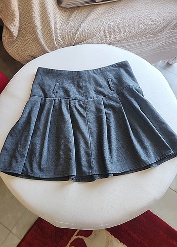 Gri Kadın Mini Pileli Denim Etek