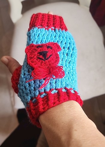 Renkli Örgü Kadın Eldivenleri Ayıcık Desenli - Görsel 7