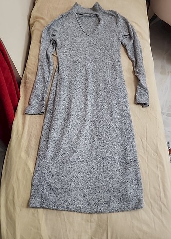 Gri V Yakalı Uzun Kollu Triko Elbise - Görsel 6