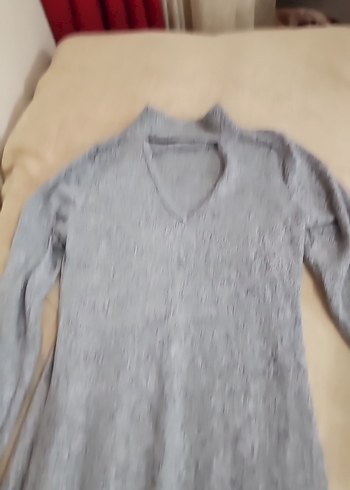 Gri V Yakalı Uzun Kollu Triko Elbise - Görsel 7