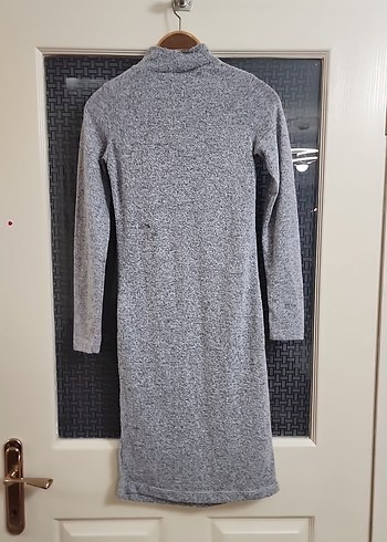 Gri V Yakalı Uzun Kollu Triko Elbise - Görsel 5