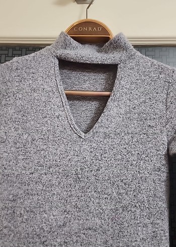 Gri V Yakalı Uzun Kollu Triko Elbise - Görsel 4