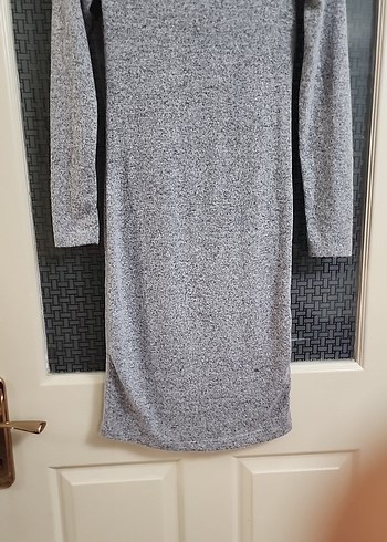 Gri V Yakalı Uzun Kollu Triko Elbise - Görsel 2