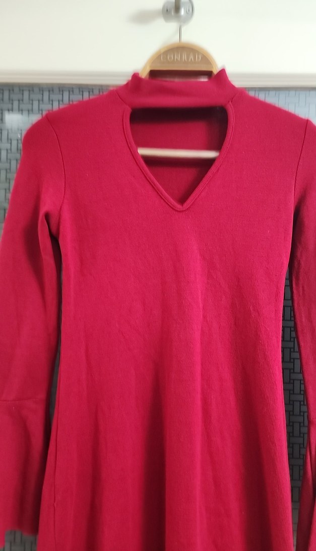 V Yakalı Uzun Kollu Triko Elbise - Görsel 3