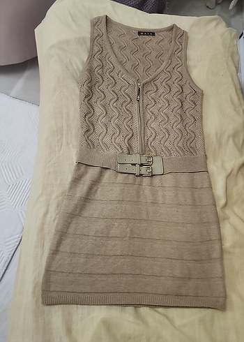 Kemerli V Yaka Kolsuz Mini Triko Elbise - Görsel 7