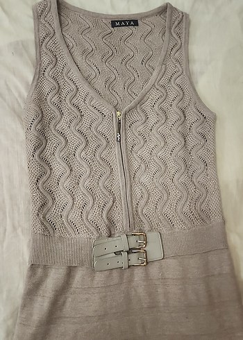 Kemerli V Yaka Kolsuz Mini Triko Elbise - Görsel 9