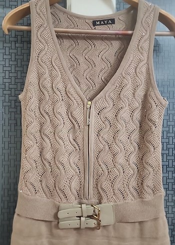 Kemerli V Yaka Kolsuz Mini Triko Elbise - Görsel 2