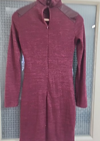 Bordo Uzun Kollu Fitilli Triko Elbise - Görsel 5