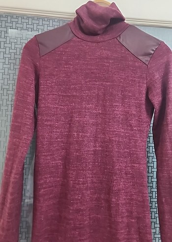 Bordo Uzun Kollu Fitilli Triko Elbise - Görsel 3