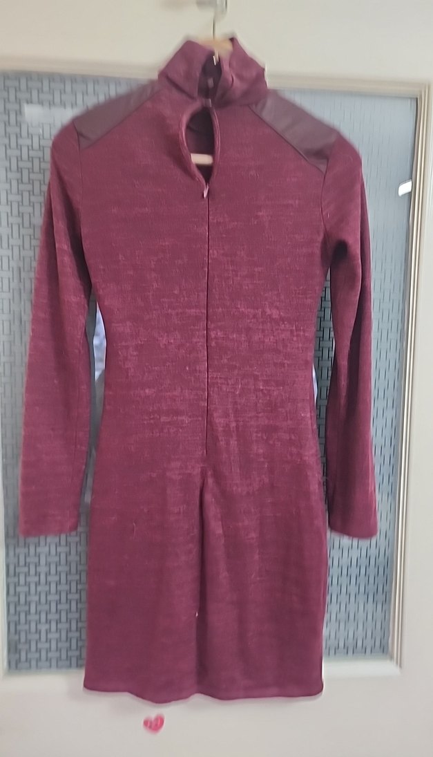 Bordo Uzun Kollu Fitilli Triko Elbise - Görsel 5