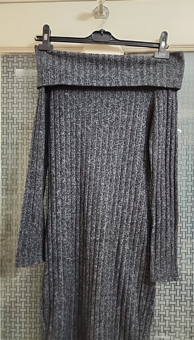 Gri Uzun Kollu Triko Elbise - Görsel 3