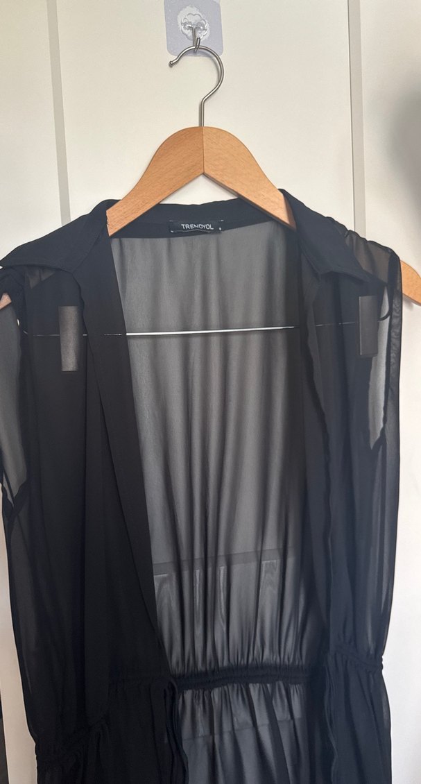 Siyah Uzun Drape V Yakalı Kadın Elbise pareo - Görsel 3