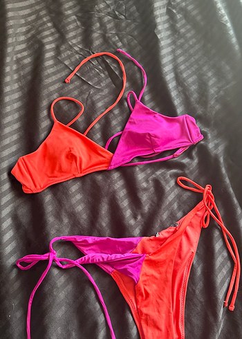 Pembe ve Turuncu İp Askılı Mini Bikini Takımı