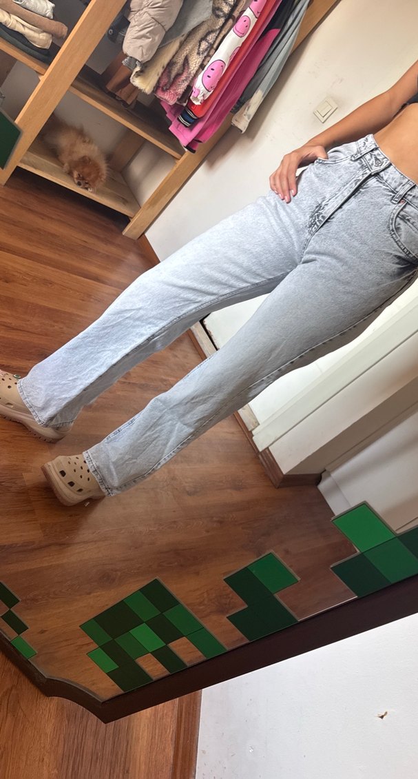 Düğmeli Gri Bol Kesim Denim Pantolon - Görsel 2