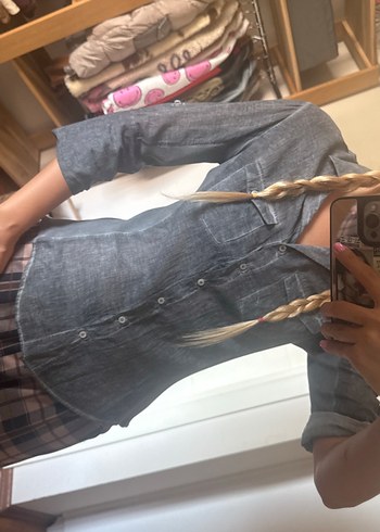 Düğmeli Gri Denim Halter Yaka Kadın Gömlek - Görsel 2