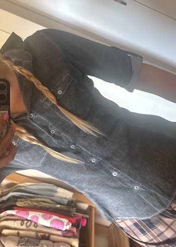 Düğmeli Gri Denim Halter Yaka Kadın Gömlek - Görsel 5