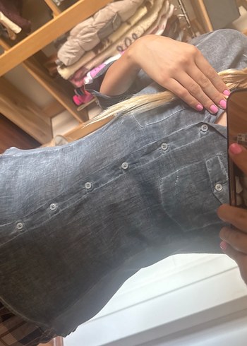 Düğmeli Gri Denim Halter Yaka Kadın Gömlek - Görsel 3