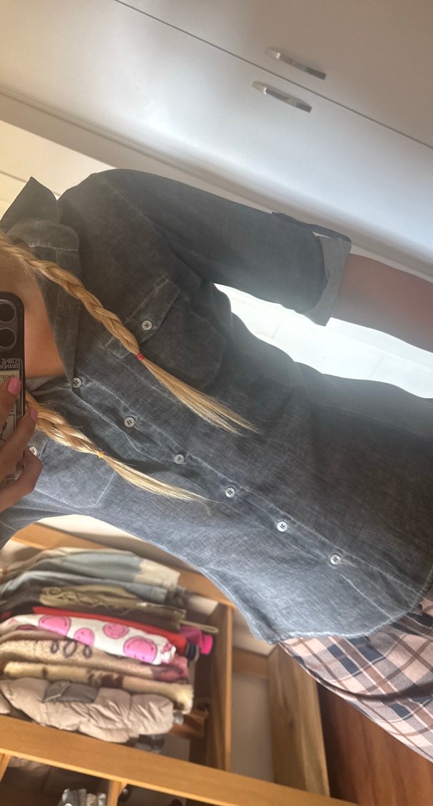 Düğmeli Gri Denim Halter Yaka Kadın Gömlek - Görsel 5