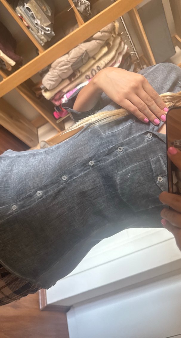 Düğmeli Gri Denim Halter Yaka Kadın Gömlek - Görsel 3