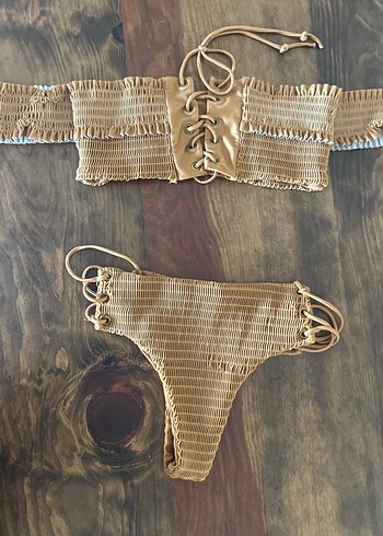 Dantel Detaylı Kahverengi Bohem Bikini