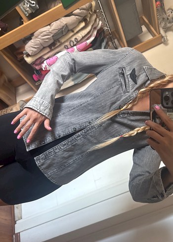 Gri Kadın Denim Ceket, Kemer Detaylı - Görsel 2